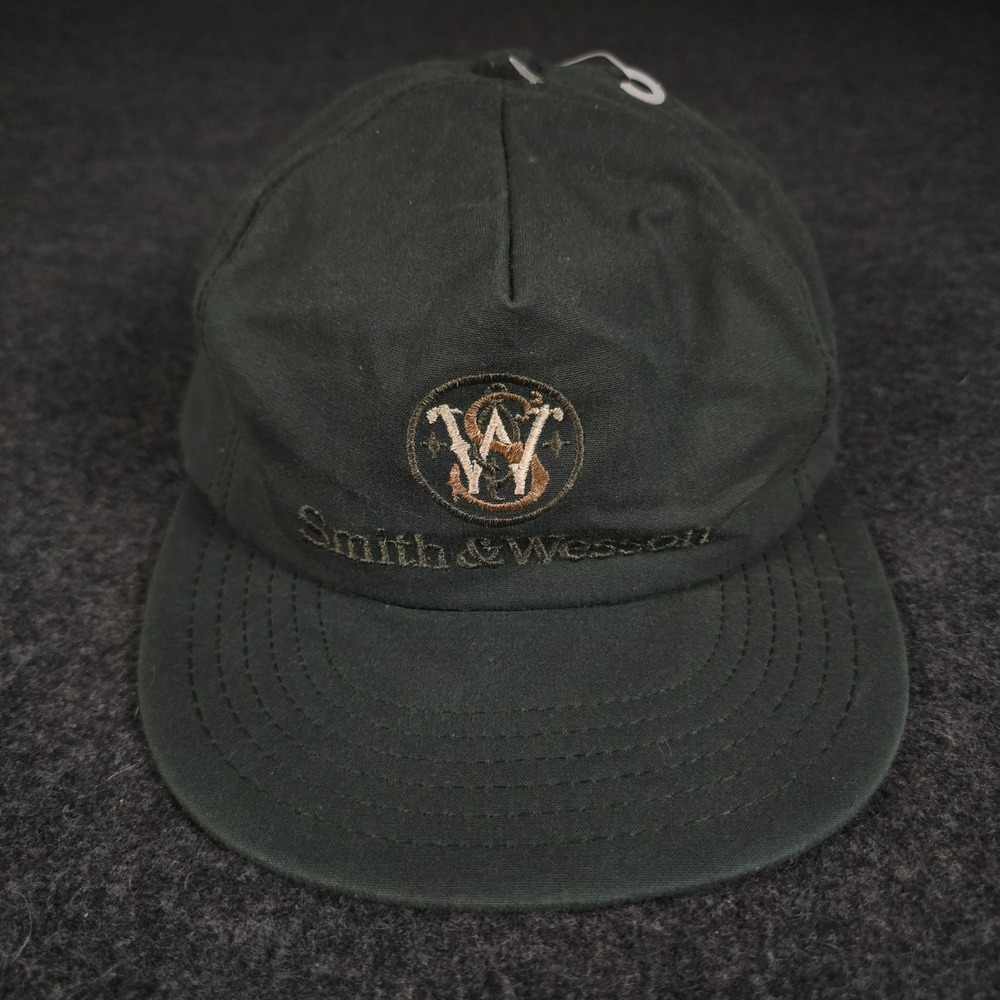 Vtg Smith & Wesson Green Waxed Snapback Hat Made in USA Hunter NRA Embroidered